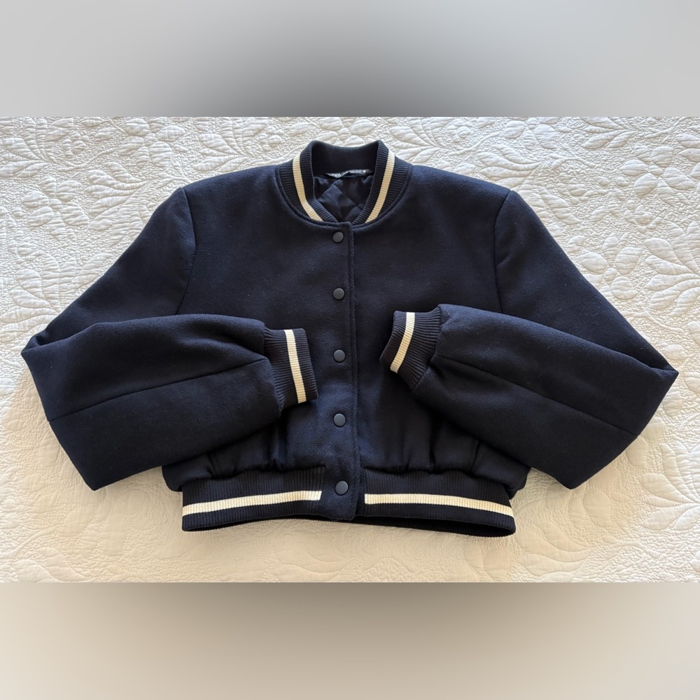 Zara Navy Blue and White Cropped Varsity Jacket - Picture 4 of 6